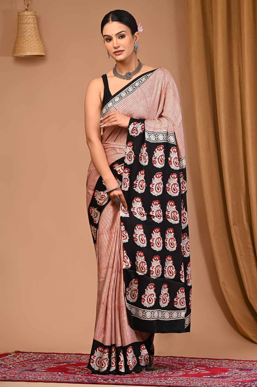 STRIPED & PAISLEY MODAL SATIN AJRAKH PRINT SAREE
