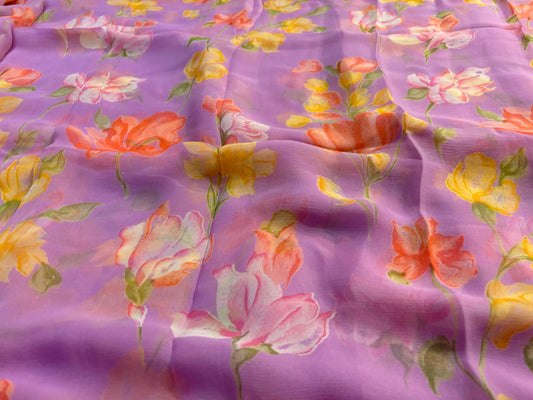 LILAC COLOUR FLORAL PRINTED CHIFFON SAREE WITH PLAIN CREPE BLOUSE