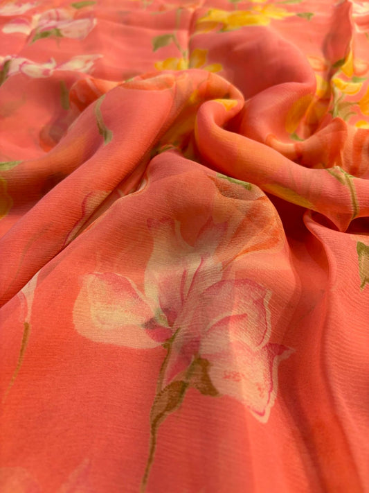 PEACH COLOUR FLORAL PRINTED CHIFFON SAREE WITH PLAIN CREPE BLOUSE