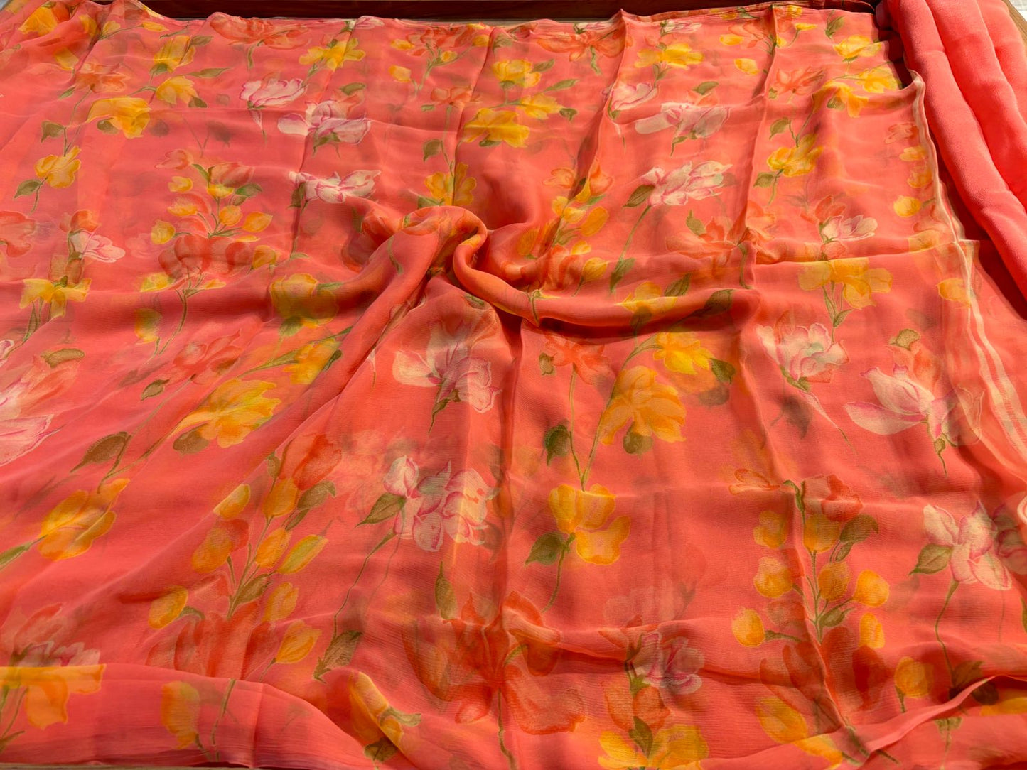 PEACH COLOUR FLORAL PRINTED CHIFFON SAREE WITH PLAIN CREPE BLOUSE