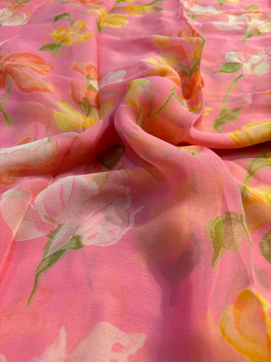 PINK COLOUR FLORAL PRINTED CHIFFON SAREE WITH PLAIN CREPE BLOUSE