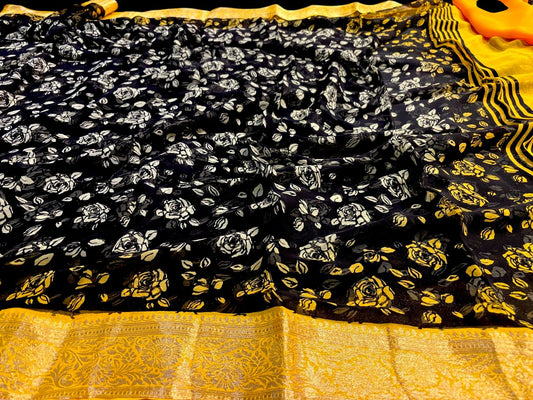 BLACK PRINTED CHIFFON SAREE WITH YELLOW BANARASI BROCADE BORDER & PLAIN YELLOW CREPE BLOUSE
