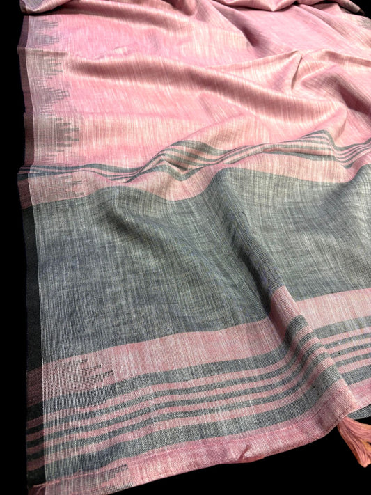 PINK COTTON LINEN TEMPLE BORDER SAREE WITH CONTRAST BLOUSE