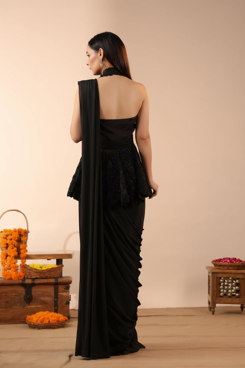 BLACK CHINON READYMADE SAREE WITH SMART CORD EMBROIDERED BLOUSE