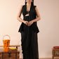 BLACK CHINON READYMADE SAREE WITH SMART CORD EMBROIDERED BLOUSE