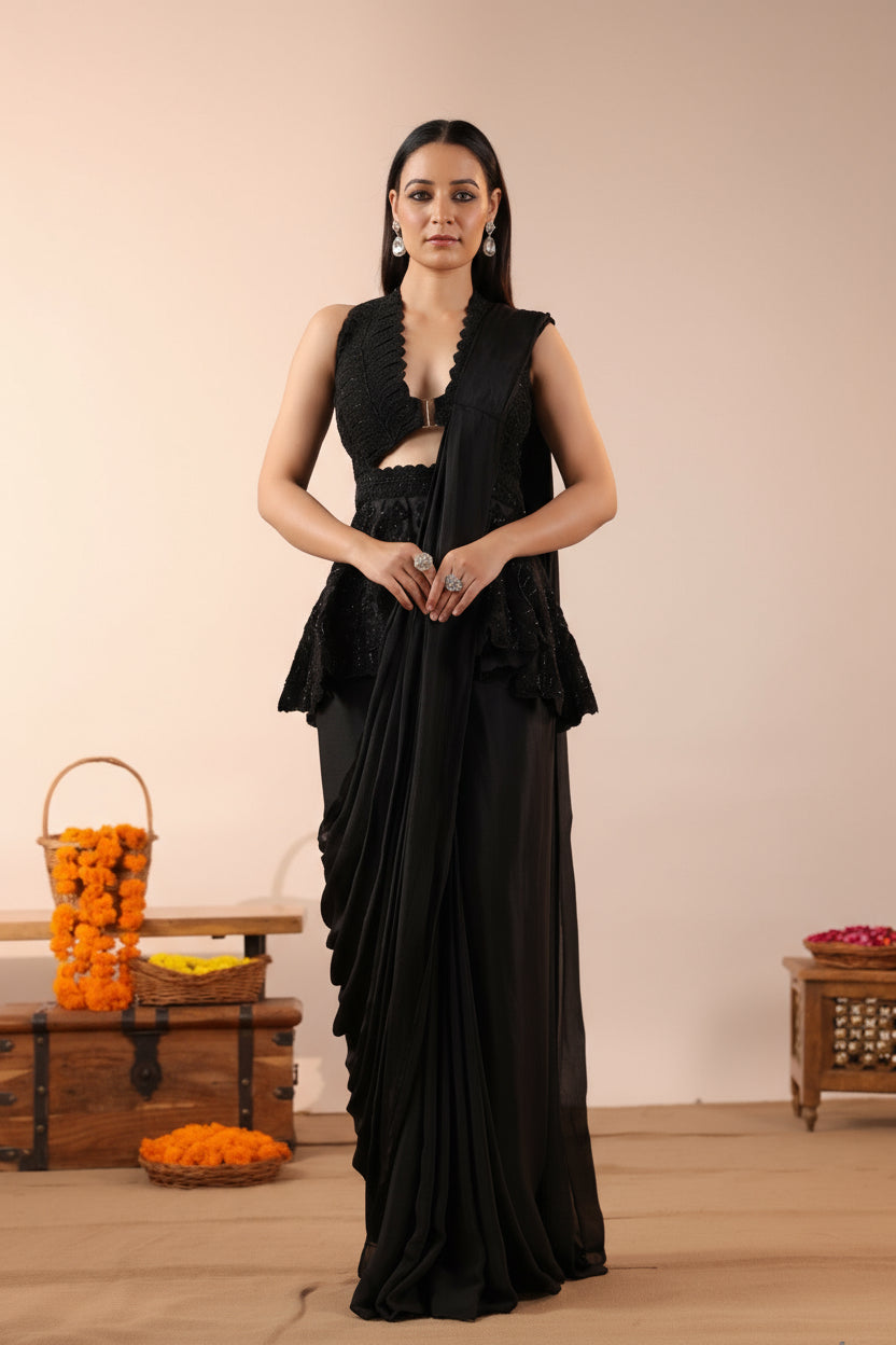 BLACK CHINON READYMADE SAREE WITH SMART CORD EMBROIDERED BLOUSE