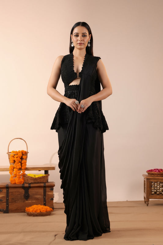 BLACK CHINON READYMADE SAREE WITH SMART CORD EMBROIDERED BLOUSE