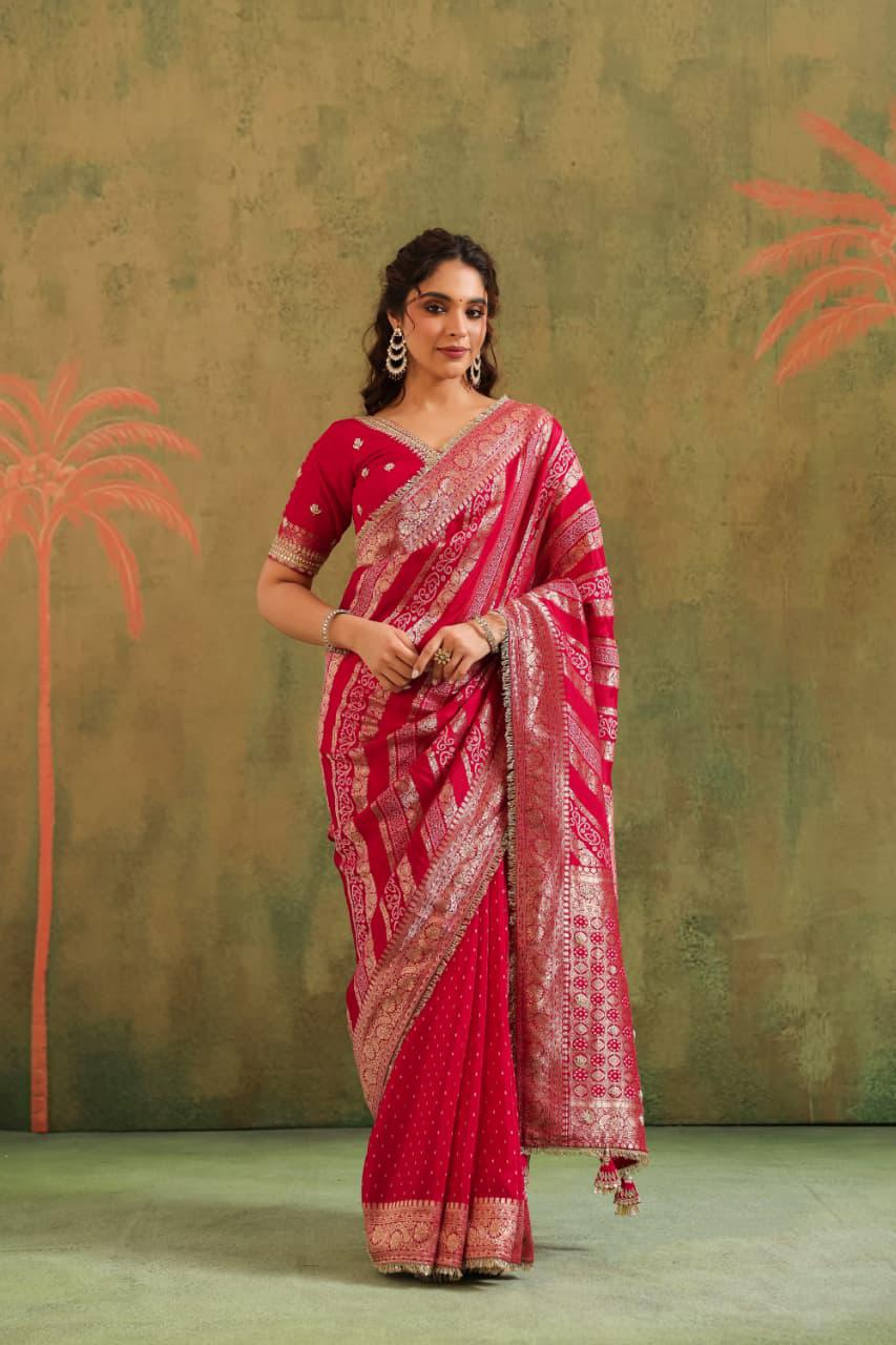 RANI COLOUR DOLA SILK BANDHANI SAREE WITH LACE BORDER