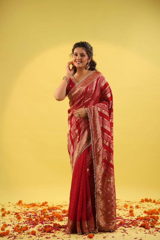RED DOLA SILK BANDHANI SAREE WITH LACE BORDER