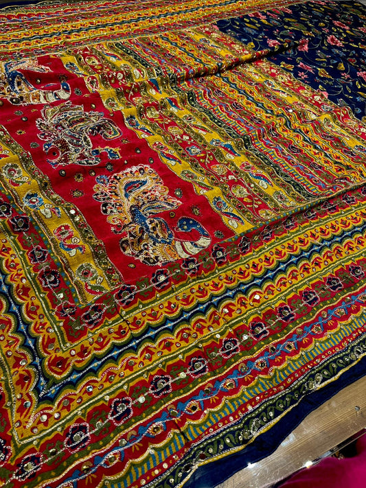 (DELIVERY IN 20 TO 25 DAYS) MULTICOLOUR CHINON SAREE EMBELLISHED WITH MIRROR WORK