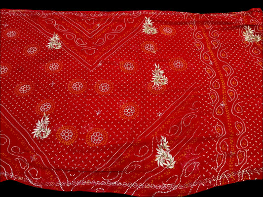 RED CHIFFON BANDHANI SAREE WITH AARI ZARI EMBROIDERY MOTIFS