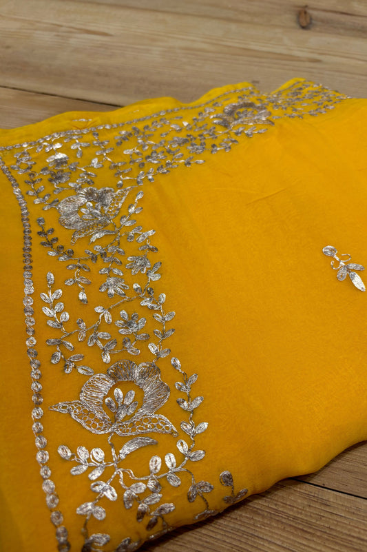 YELLOW ORGANZA CHIFFON PITTA WORK BORDER SAREE WITH CHINON BLOUSE EMBROIDERED SLEEVES