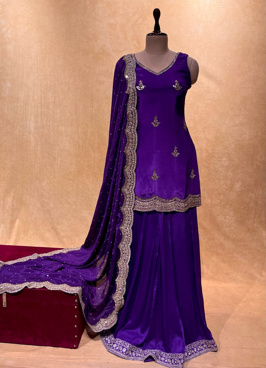 ( DELIVERY IN 25 DAYS ) PURPLE COLOUR CHINON PALAZO WITH HAND EMBROIDERED CREPE SILK KURTA FOR WOMEN EMBELLISHED WITH CUTDANA, SEQUINS & ZARDOZI WORK