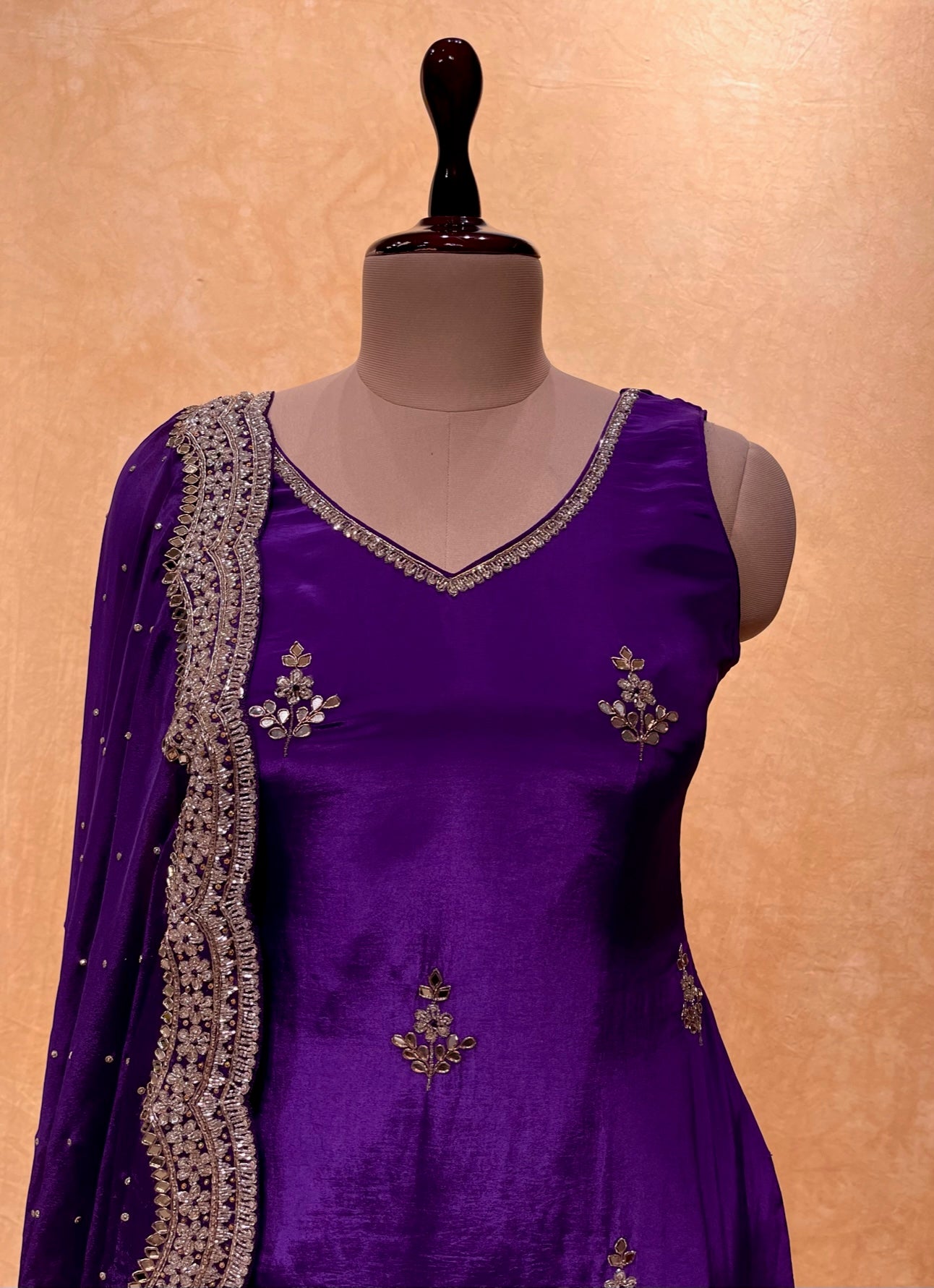 PURPLE COLOUR CHINON PALAZO WITH HAND EMBROIDERED CREPE SILK KURTA FOR WOMEN EMBELLISHED WITH CUTDANA, SEQUINS & ZARDOZI WORK