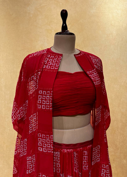 RED COLOUR GEORGETTE SKIRT WITH PLEATED CROP TOP BLOUSE & SHRUG