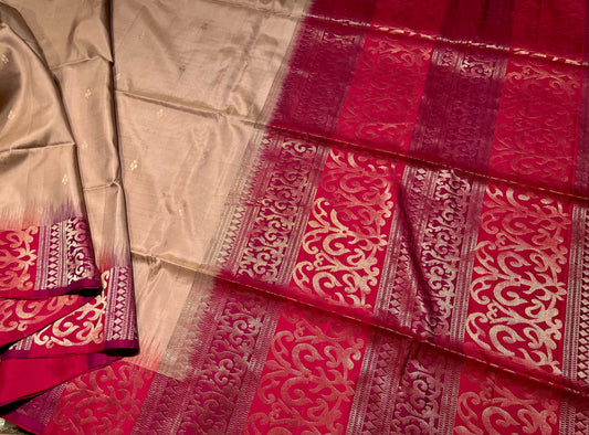 BEIGE COLOUR DHARMAVARAM PURE SILK SAREE WITH CONTRAST BORDER & PALLA EMBELLISHED WITH ZARI WEAVES