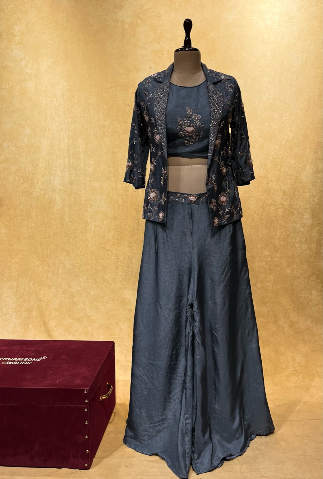 GREY COLOUR SILK PALAZZO PANT WITH CROP TOP & BLAZZER EMBELLISHED WITH CUTDANA WORK