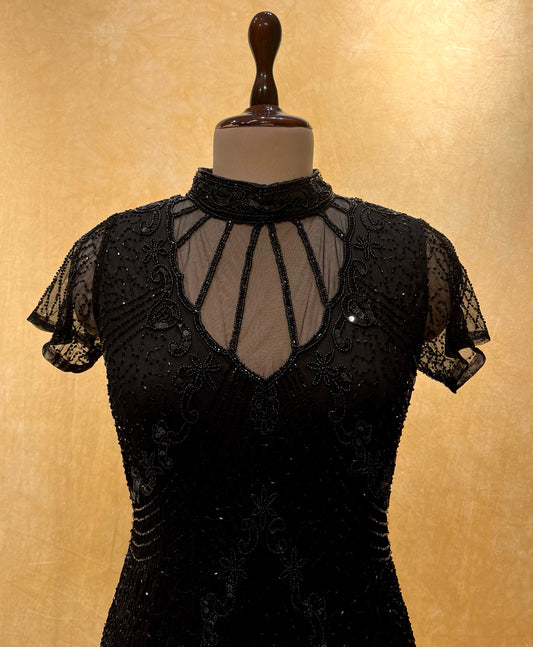 BLACK COLOUR NET HAND EMBROIDERED COCKTAIL DRESS EMBELLISHED WITH CUTDANA WORK