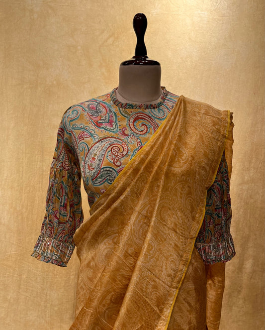 YELLOW COLOUR ORGANZA READYMADE SAREE WITH DESIGNER BLOUSE EMBELLISHED WITH SEQUINS & CUTDANA WORK