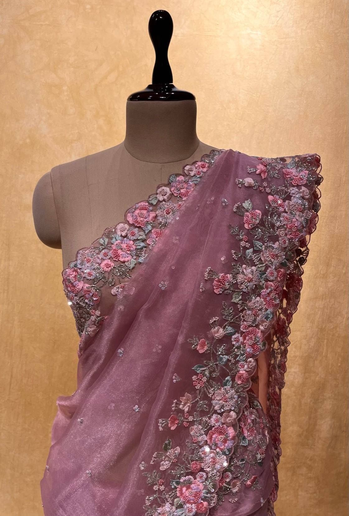 PINK COLOUR ORGANZA TISSUE HAND EMBROIDERED SAREE EMBELLISHED WITH BEADS, CUTDANA & RESHAM WORK