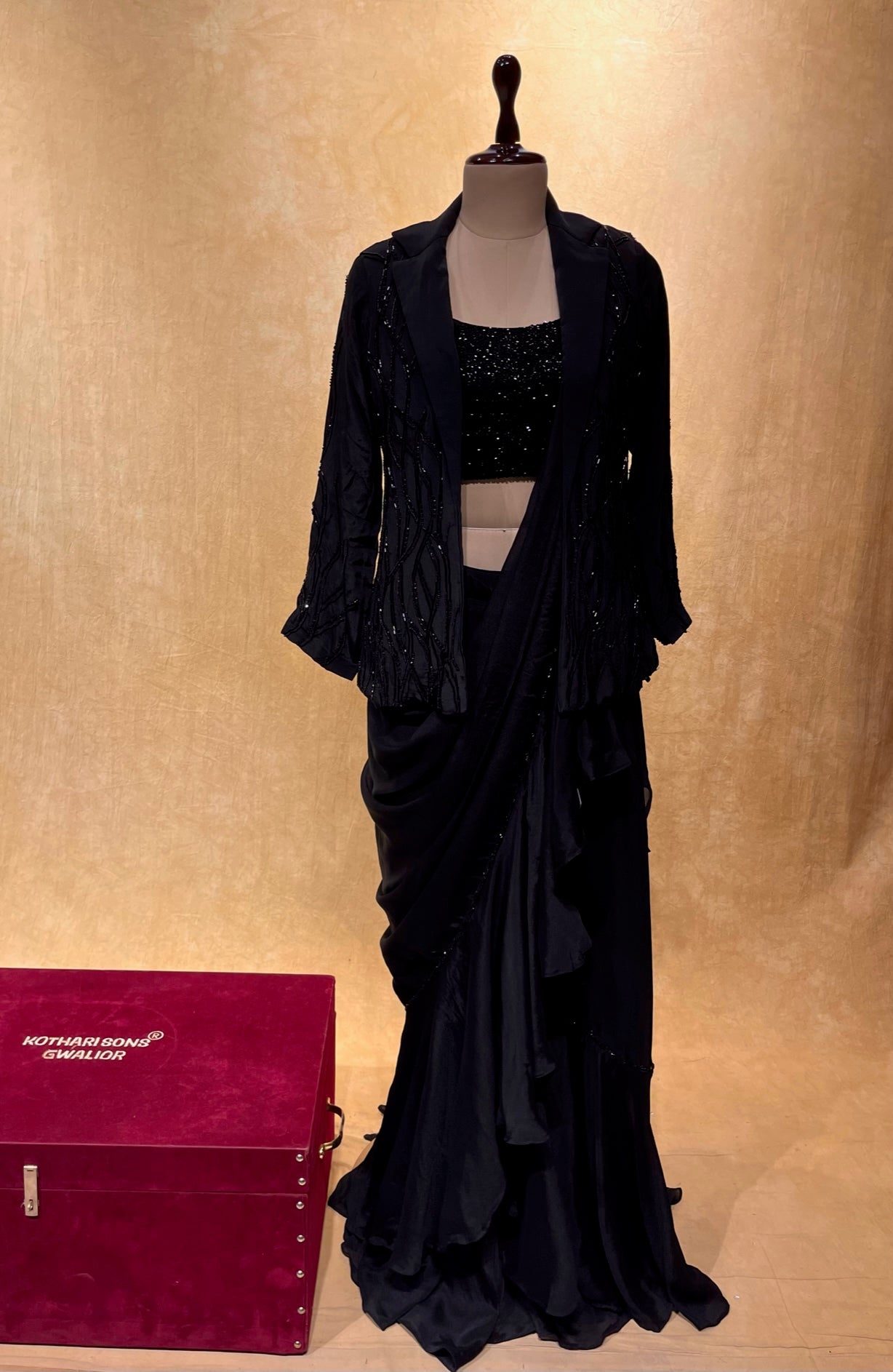 ( DELIVERY IN 25 DAYS ) BLACK COLOUR COCKTAIL CHINON MULTI PURPOSE TWO IN ONE READYMADE SAREE EMBELLISHED WITH CUTDANA WORK ( SAREE WITH BLAZER & PALAZZO )