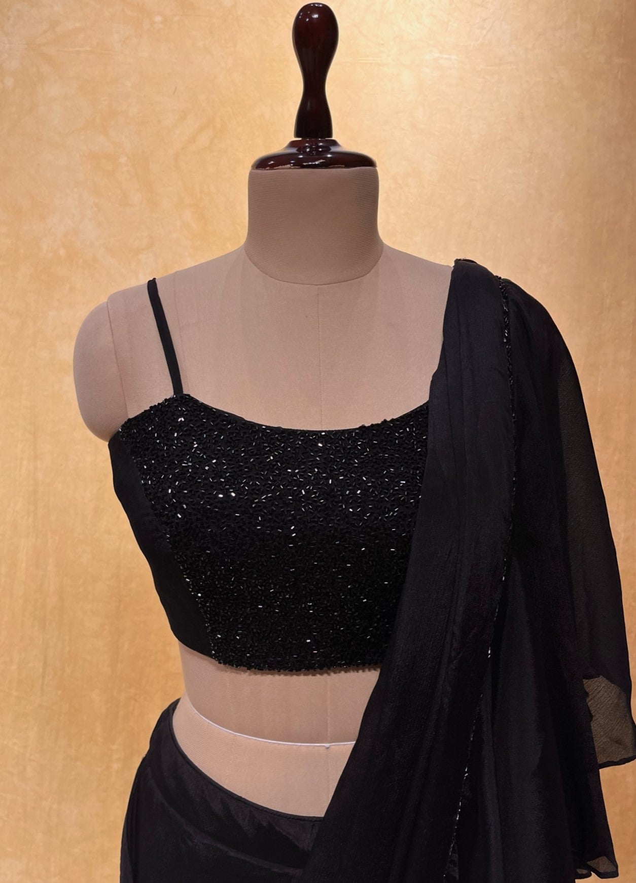 ( DELIVERY IN 25 DAYS ) BLACK COLOUR COCKTAIL CHINON MULTI PURPOSE TWO IN ONE READYMADE SAREE EMBELLISHED WITH CUTDANA WORK ( SAREE WITH BLAZER & PALAZZO )