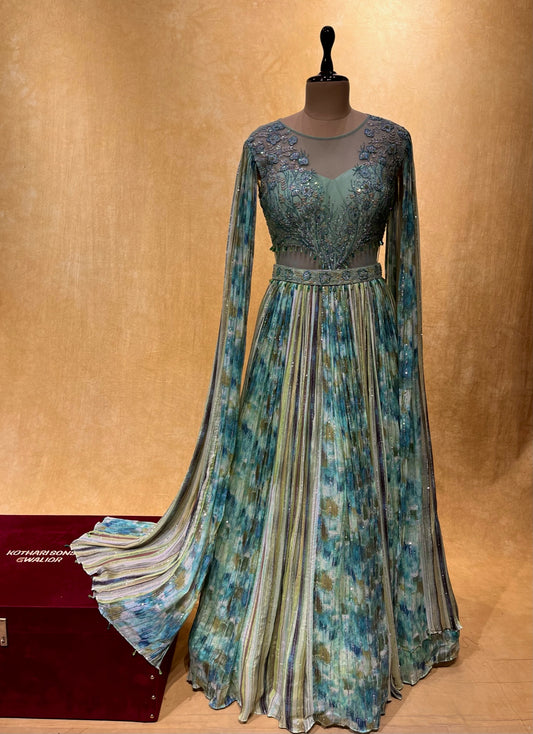 GREEN COLOUR CHINON EMBROIDERED GOWN EMBELLISHED WITH CUTDANA, SEQUINS & RESHAM WORK