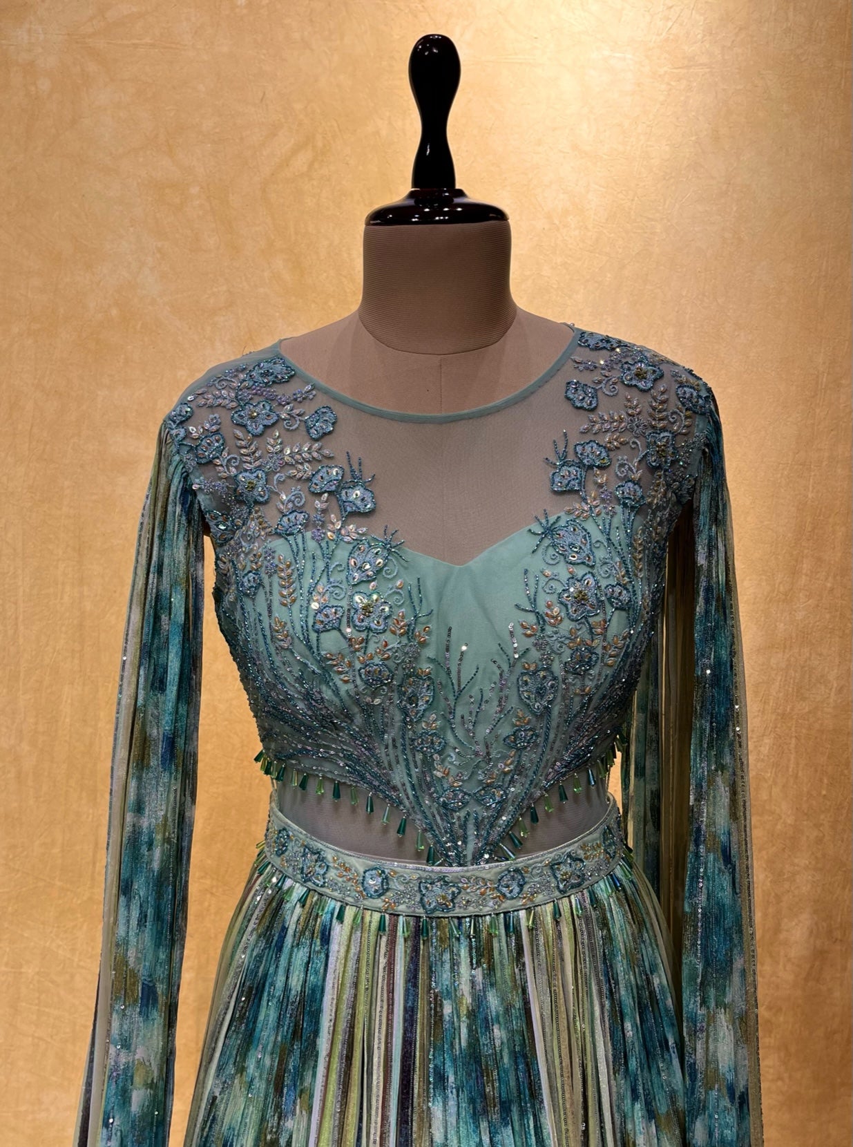 ( DELIVERY IN 25 DAYS ) GREEN COLOUR CHINON EMBROIDERED GOWN EMBELLISHED WITH CUTDANA, SEQUINS & RESHAM WORK