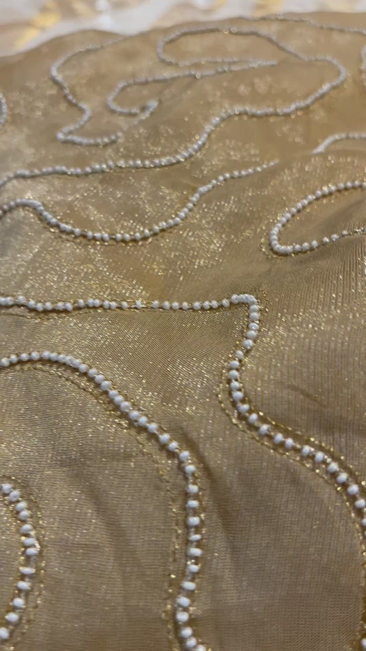 PARSI-EMBROIDERED PURE CHANDERI SAREE WITH GOLDEN PEARL-EMBELLISHED BLOUSE