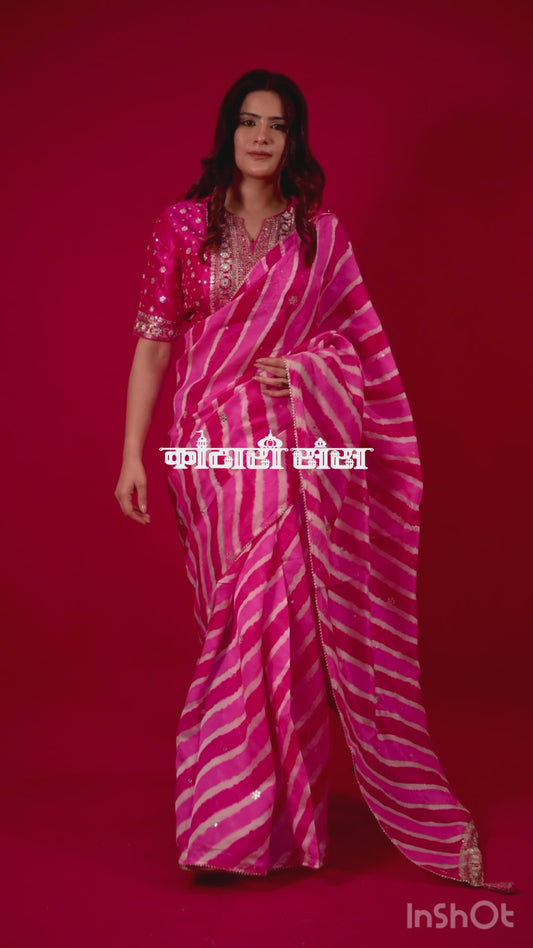 PINK COLOUR LEHERIYA READYMADE BLOUSE SAREE EMBELLISHED EITH GOTA PATTI & MIRROR WORK