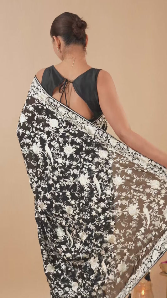 BLACK COLOUR PARSI (GARA) EMBROIDERED ORGANZA SAREE