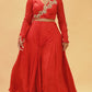 SCARLET RED DRAPED SKIRT SET WITH EMBROIDERED BLOUSE ( DELIVERY IN 30 DAYS )