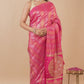 DEEP FUCHSIA PINK PLANT-BASED SILK SAREE WITH SILVER-GOLDEN ZARI STRIPES, ROUND MOTIF PALLA & BOOTI WORK BLOUSE