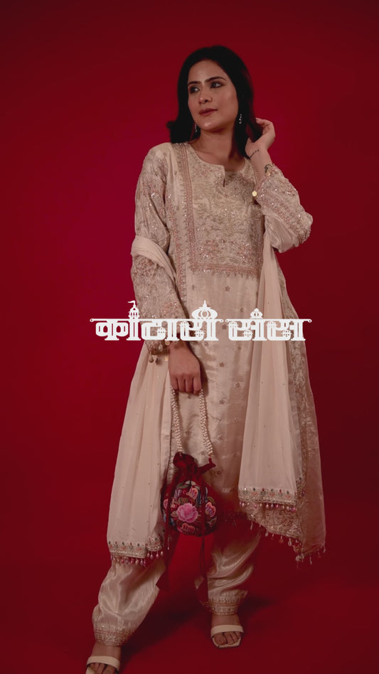 BEIGE COLOUR TISSUE GEORGETTE SUIT SET EMBELLISHED WITH RESHAM & BEADS WORK