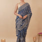 INDIGO BLUE GEORGETTE SAREE WITH GREY RESHAM EMBROIDERY INSPIRED BY KASHMIRI AARI WORK