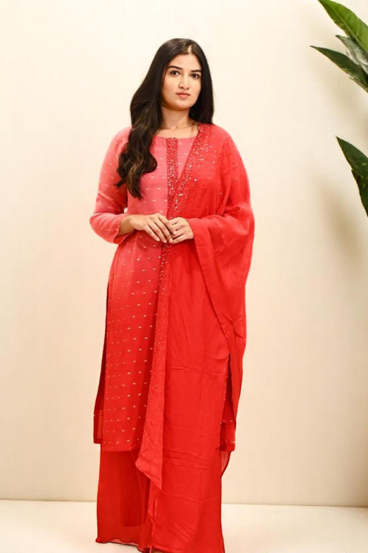 RED SHADED CHINON SUIT WITH ZARI WEAVE MOTIFS, SEQUINS EMBROIDERY WITH PALAZZO AND DUPATTA