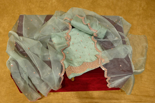 PASTLE GREEN ORGANZA SUIT WITH SEQUINS WORK EMBROIDERY - Kothari Sons