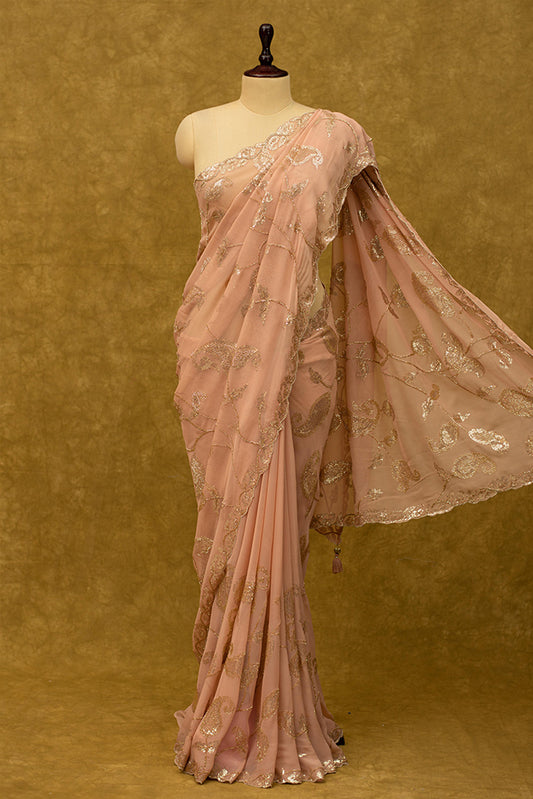 PEACH SAREE IN GEORGETTE WITHN SEQUINS PAISLEY DESIGN - Kothari Sons