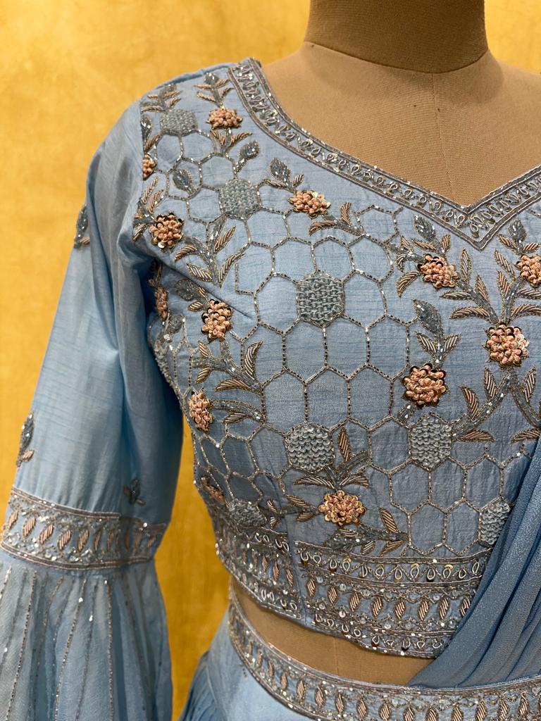 (DELIVERY IN 30 DAYS) PASTEL BLUE COLOUR INDO WESTERN LEHENGA WITH CUT DANA & ZARDOZI WORK