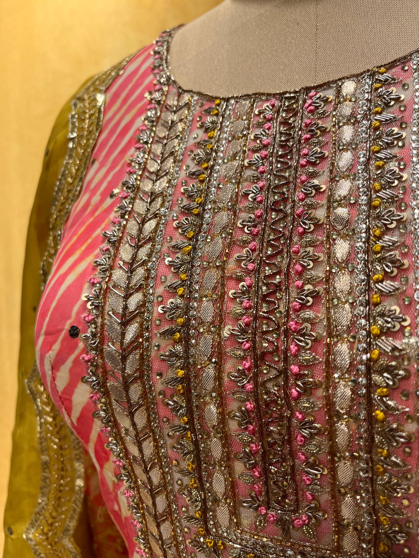 (DELIVERY IN 25-30 DAYS) MEHENDI GREEN & PINK COLOUR ORGANZA ANARKALI SUIT EMBELLISHED WITH GOTA PATTI & ZARDOZI WORK