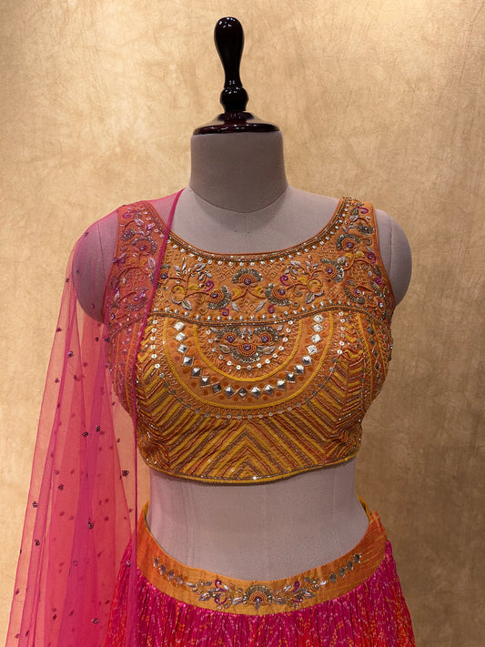 (DELIVERY IN 30 DAYS) BRIDESMAIDS READYMADE PINK SHADED BANDHANI LEHENGA WITH MUSTARD EMBROIDERED CROP TOP BLOUSE
