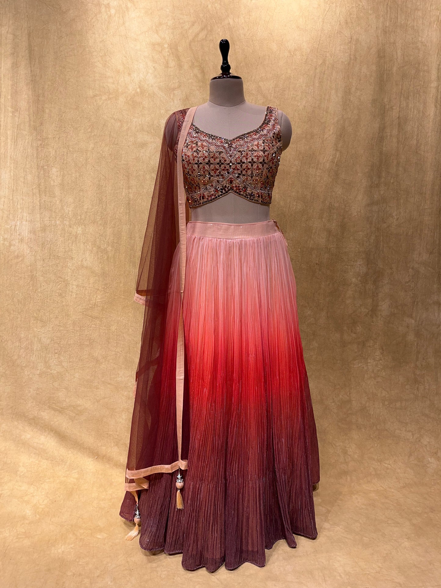 SHADED SEQUINS GEORGETTE LEHENGA WITH MIRROR WORK BLOUSE