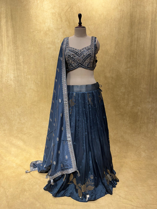 (DELIVERY IN 20-25 DAYS) BRIDESMAIDS READYMADE GREY COLOUR DOLA SILK LEHENGA WITH  SEQUINS & MIRROR WORK CROP TOP BLOUSE