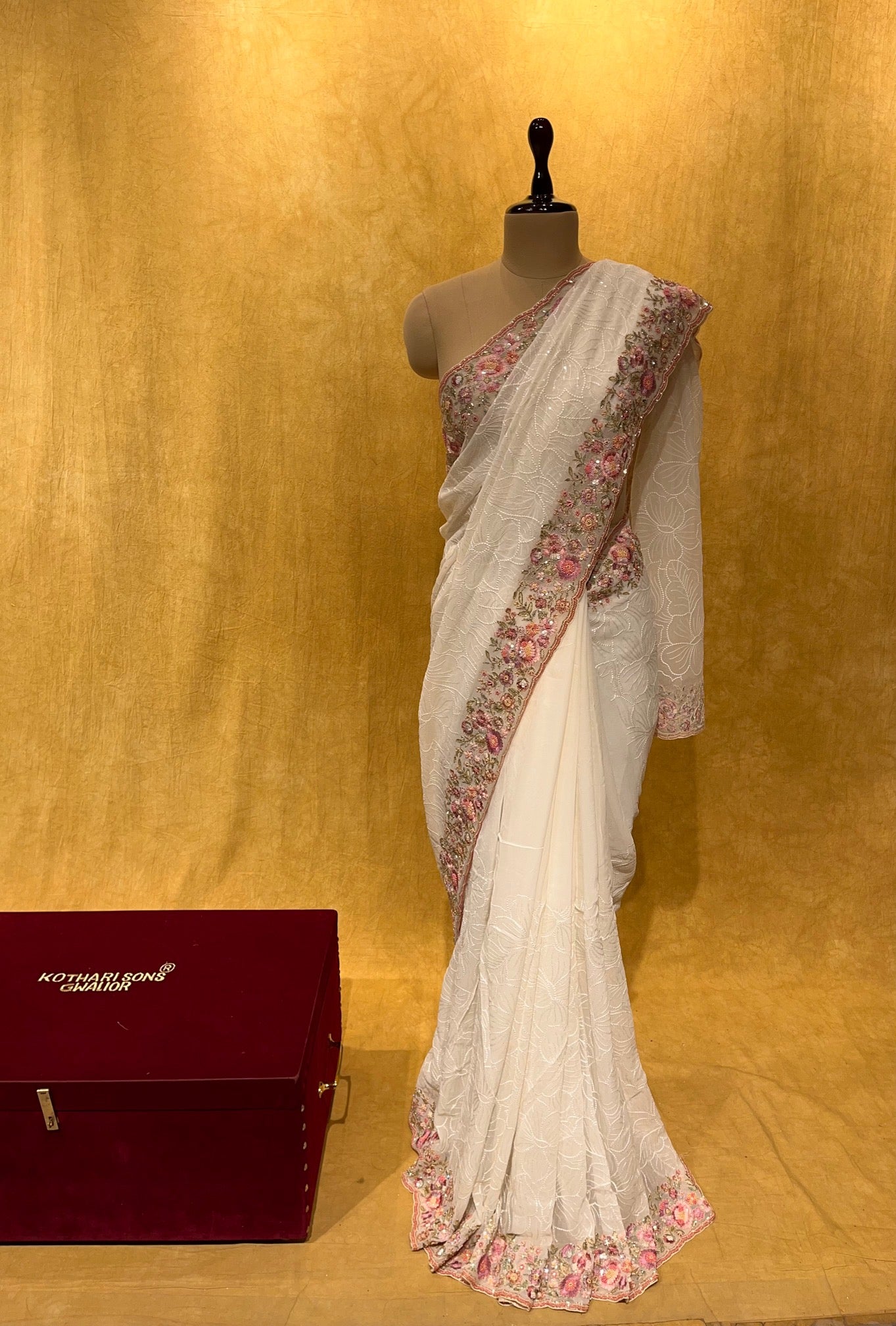 ( DELIVERY IN 25 DAYS ) WHITE COLOUR GEORGETTE HAND EMBROIDERED SAREE EMBELLISHED WITH SEQUINS & PEARL WORK
