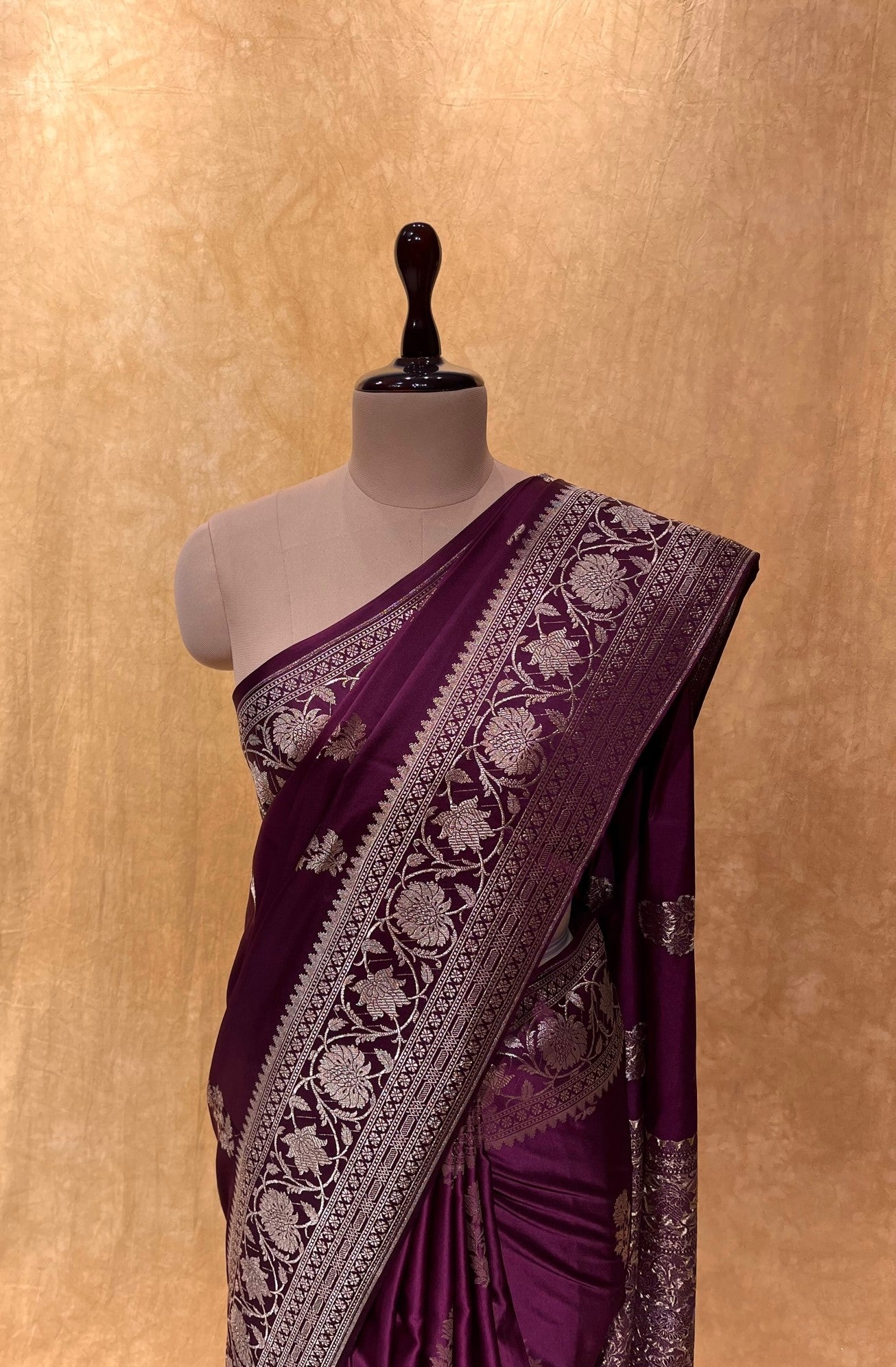 ( DELIVERY IN 25 DAYS ) WINE COLOUR SATIN SILK BANARASI SAREE EMBELLISHED WITH ZARI WEAVES