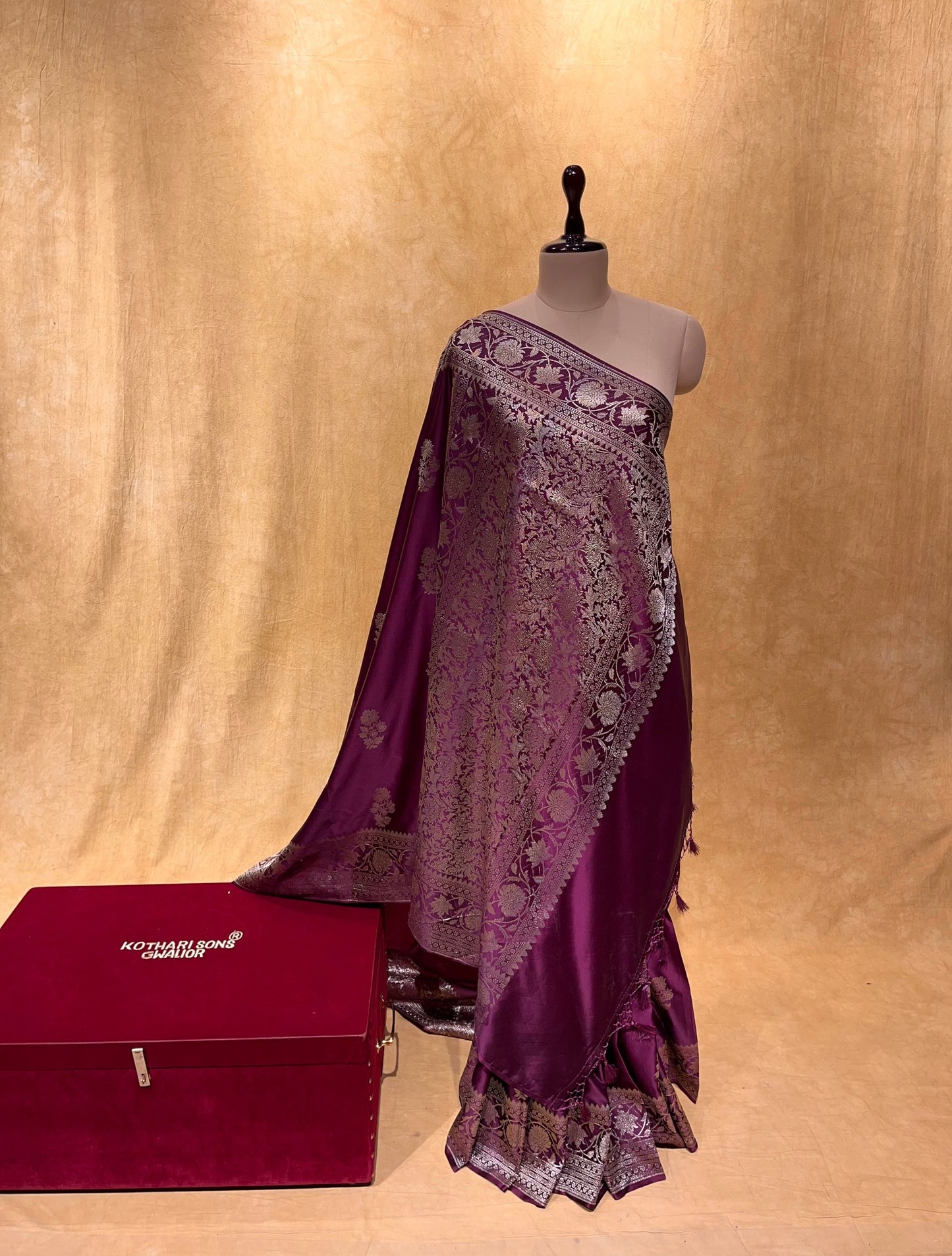 ( DELIVERY IN 25 DAYS ) WINE COLOUR SATIN SILK BANARASI SAREE EMBELLISHED WITH ZARI WEAVES