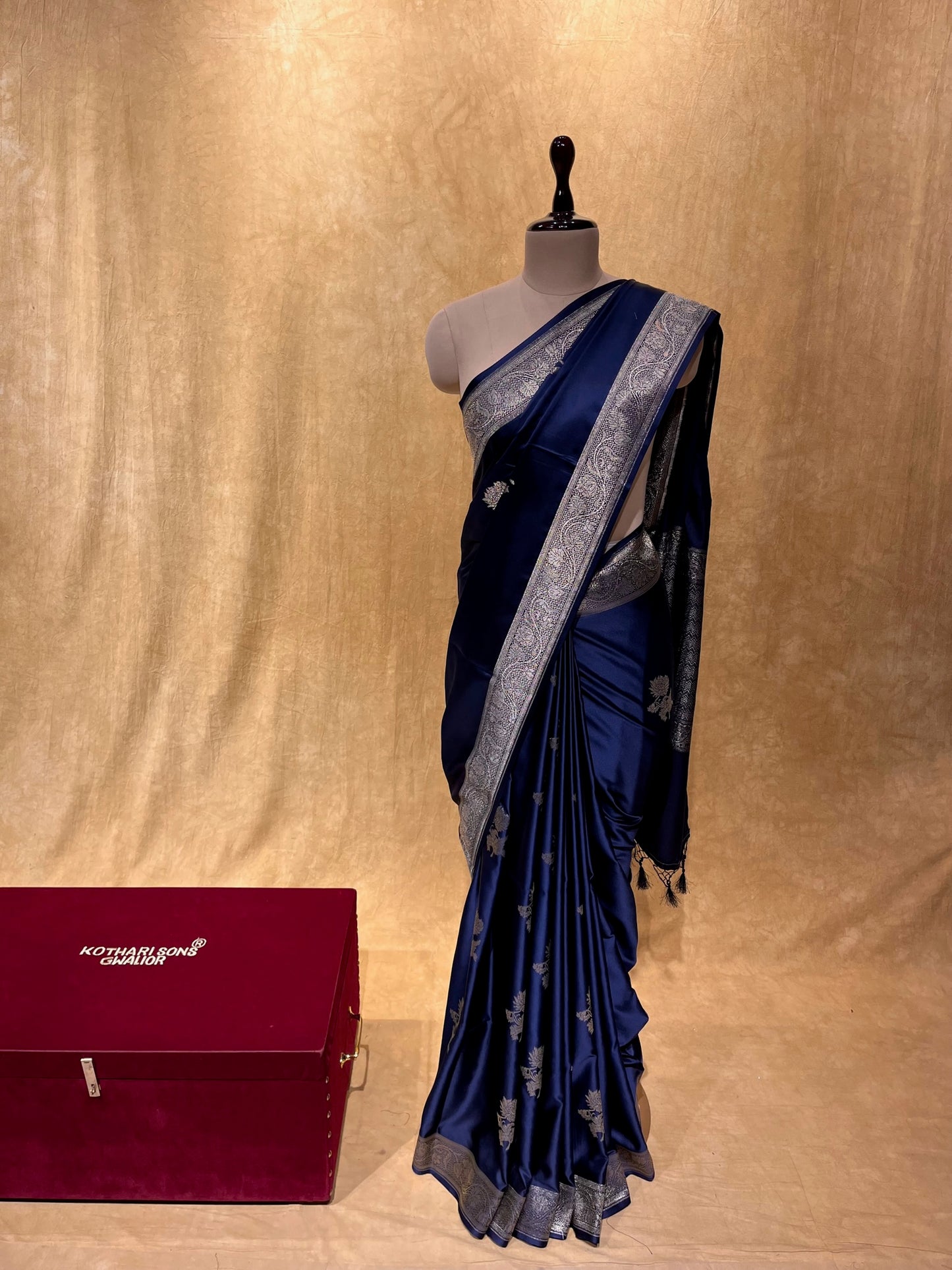 ( DELIVERY IN 25 DAYS ) BLUE COLOUR SATIN SILK BANARASI SAREE EMBELLISHED WITH ZARI WEAVES