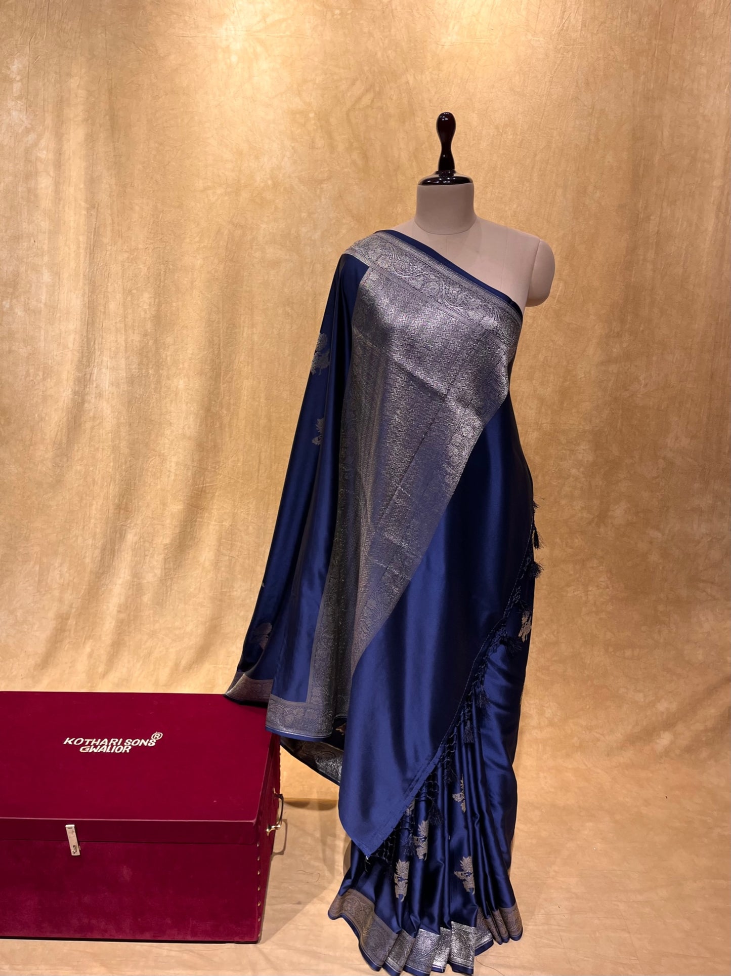 ( DELIVERY IN 25 DAYS ) BLUE COLOUR SATIN SILK BANARASI SAREE EMBELLISHED WITH ZARI WEAVES
