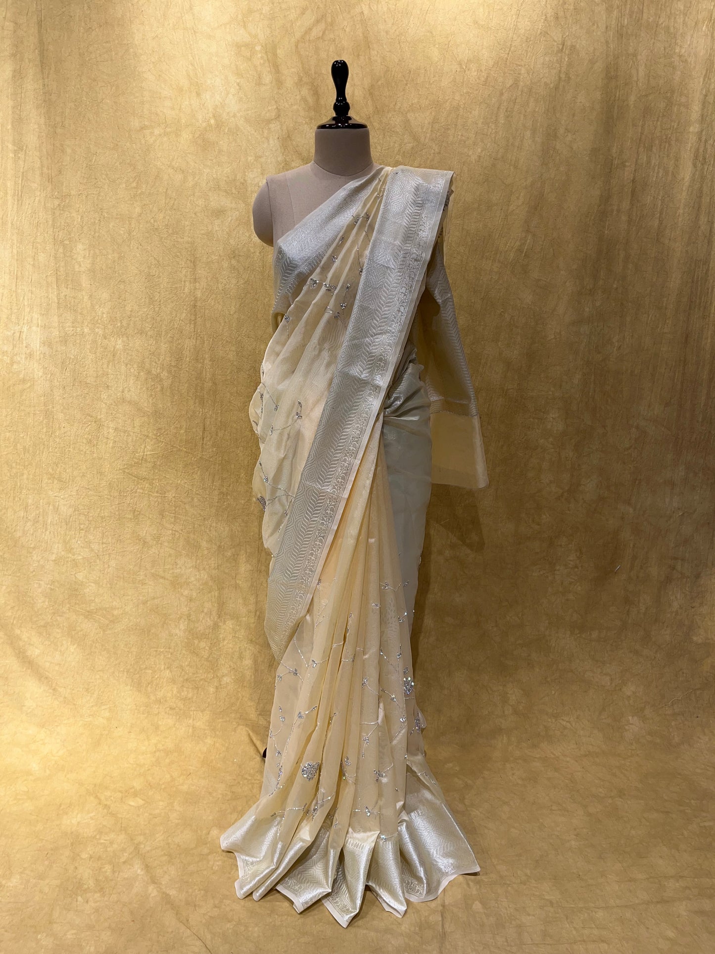 ( DELIVERY IN 25 DAYS ) LEMON COLOUR ORGANZA TISSUE SAREE WITH HAND EMBROIDERED CUTDANA WORK
