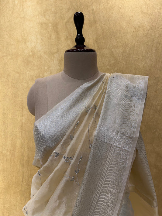 ( DELIVERY IN 25 DAYS ) LEMON COLOUR ORGANZA TISSUE SAREE WITH HAND EMBROIDERED CUTDANA WORK